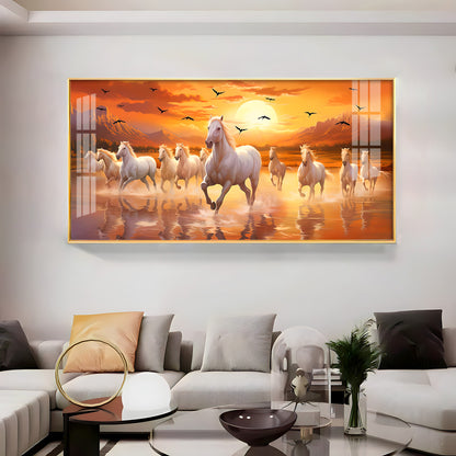 White Running Horses With Sunrise Premium Acrylic Horizontal Wall Art