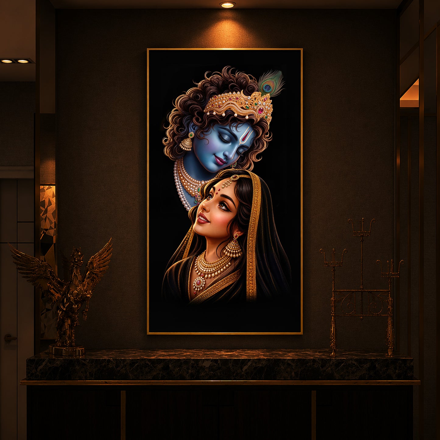 Hindu Deities Shri Radha Krishna Modern Luxury Backlight Vertical Wall Art