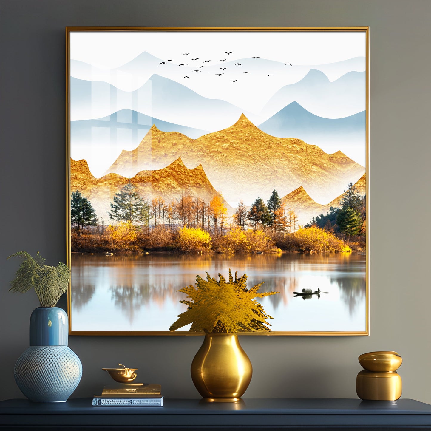 Sun Kissed Mountains Premium Acrylic Square Wall Art - 24X24 inches / Gold