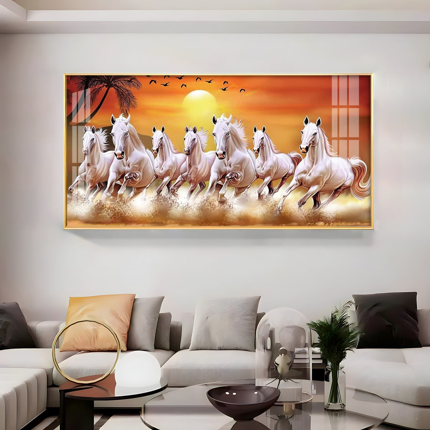 7 White Running Horses in The Sea With Sunrise Premium Acrylic Horizontal Wall Art