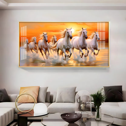 Seven White Running Horses With Sunrise Premium Acrylic Horizontal Wall Art