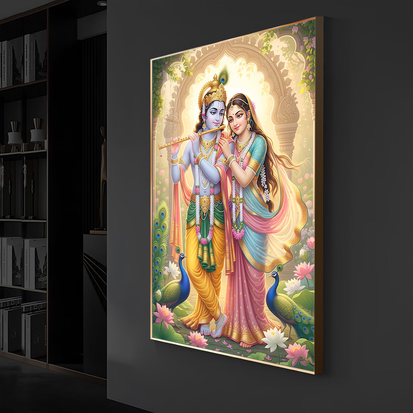 Loving Shri Radhe Krishna Modern Luxury Backlight Vertical Wall Art