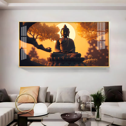 Sunset Fall Meditating Buddha Premium Acrylic Horizontal Wall Art