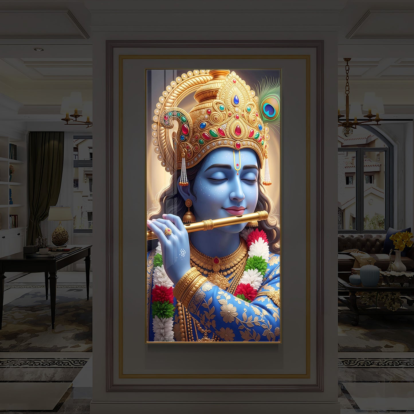 Lord Krishna Modern Luxury Backlight Vertical Wall Art