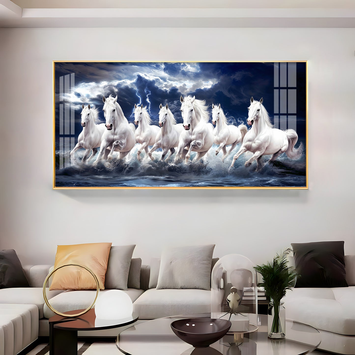 Seven White Horses Gallop In the Sea Premium Acrylic Horizontal Wall Art