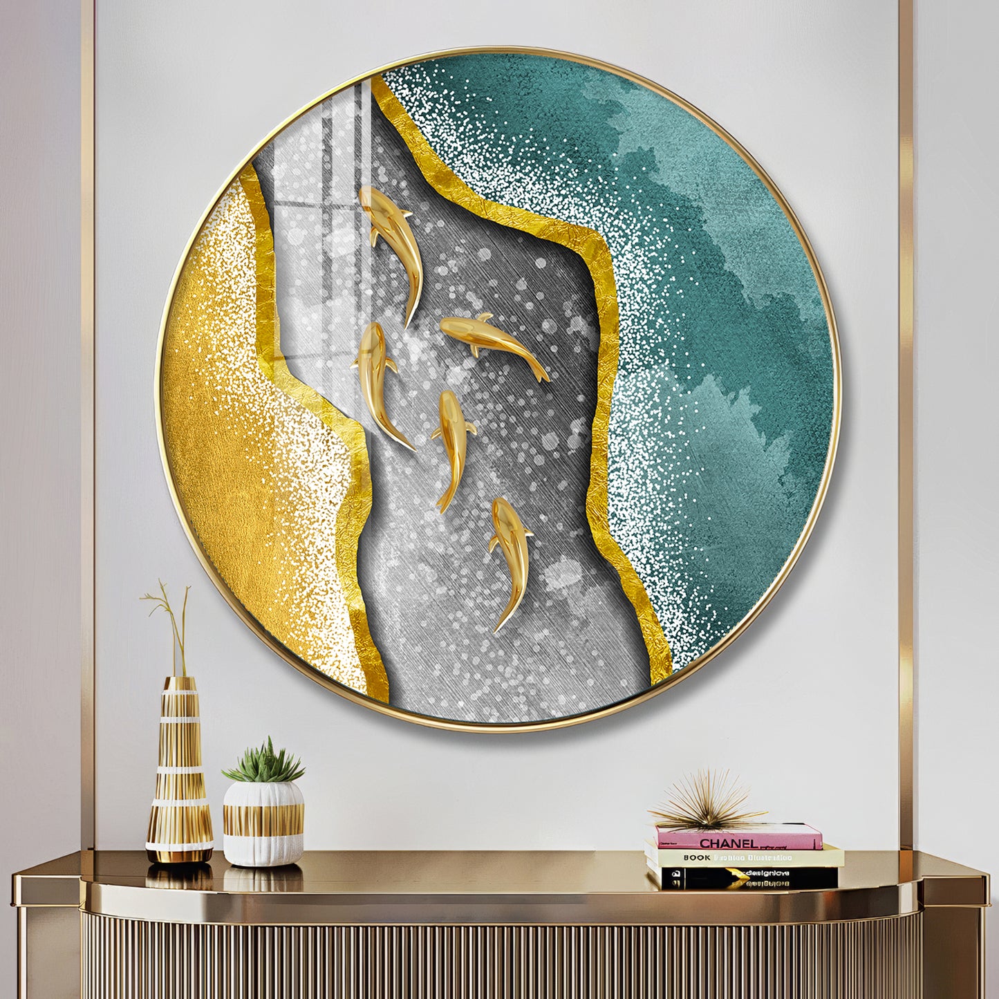 Koi Fish In Waves Premium Acrylic Round Wall Art