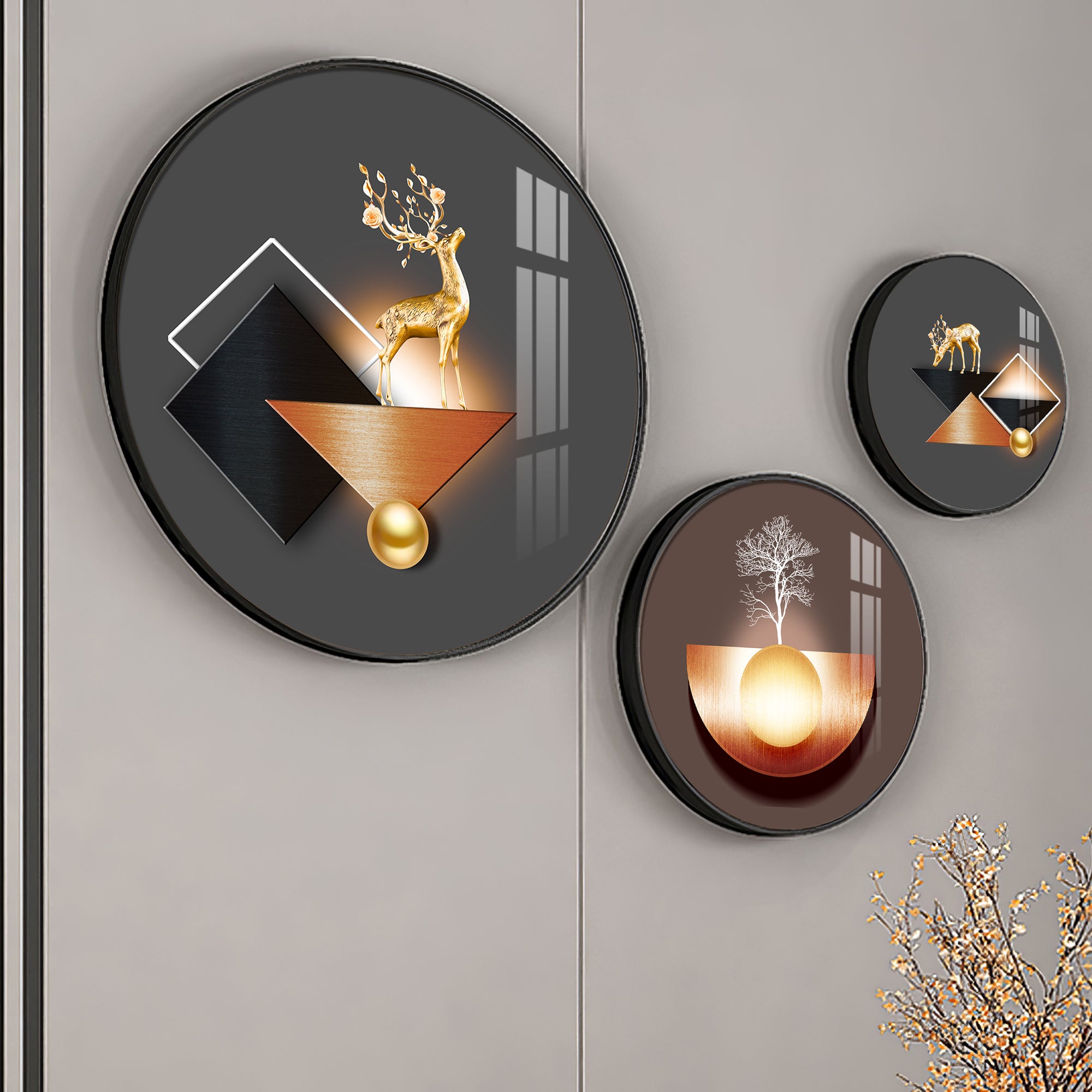 Reindeer Abstract Premium Acrylic Round Wall Art (Set of 3)