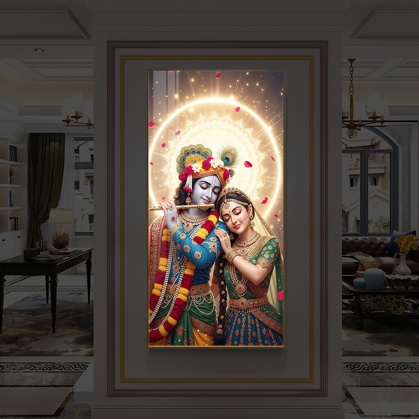 Couple Radhe Krishna Modern Luxury Backlight Vertical Wall Art