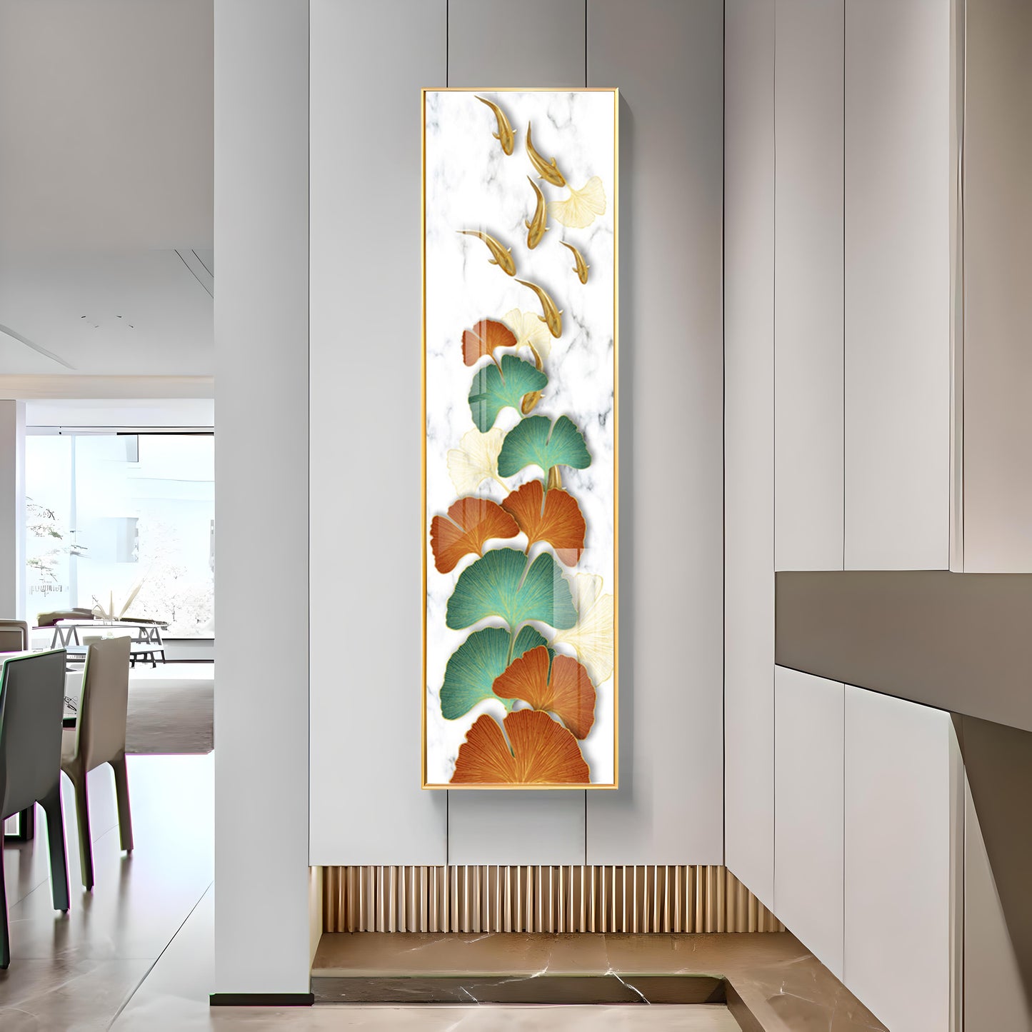 Golden Fish & Colorful Ginkgo Leaves Premium Acrylic Vertical Wall Art