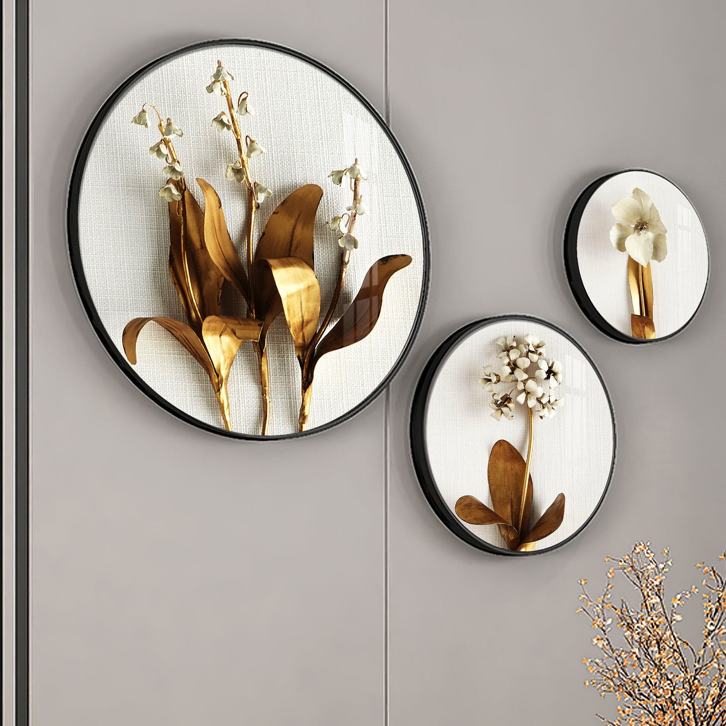 Golden Petals Premium Acrylic Round Wall Art (Set of 3)