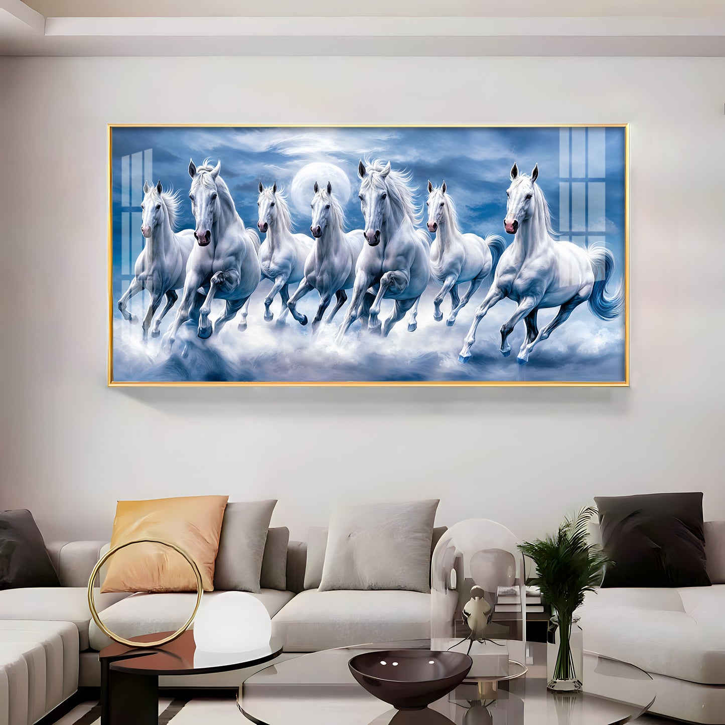 7 White Running Horses With Sunrise Premium Acrylic Horizontal Wall Art