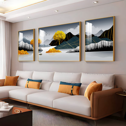 Mountains With Golden Tree Premium Acrylic Wall Art (Set of 3)