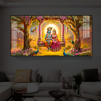 Loving Couple Lord Radha Krishna Modern Luxury Backlight Horizontal Wall Art