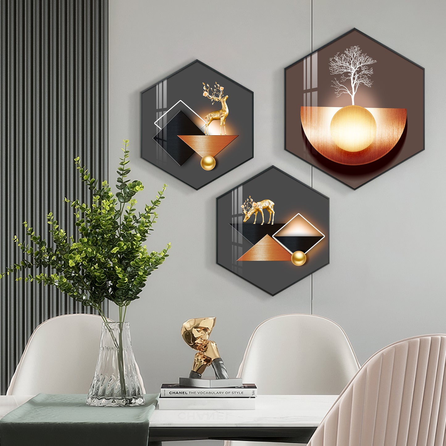 A Hoping Reindeer Premium Acrylic Hexagon Wall Art (Set of 3)