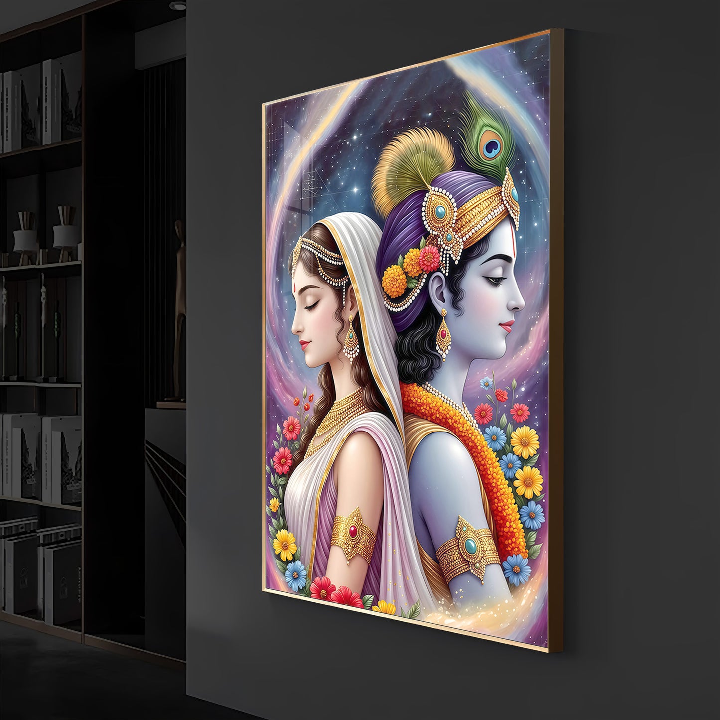 Lord Sri Radhe Krishna Modern Luxury Backlight Vertical Wall Art