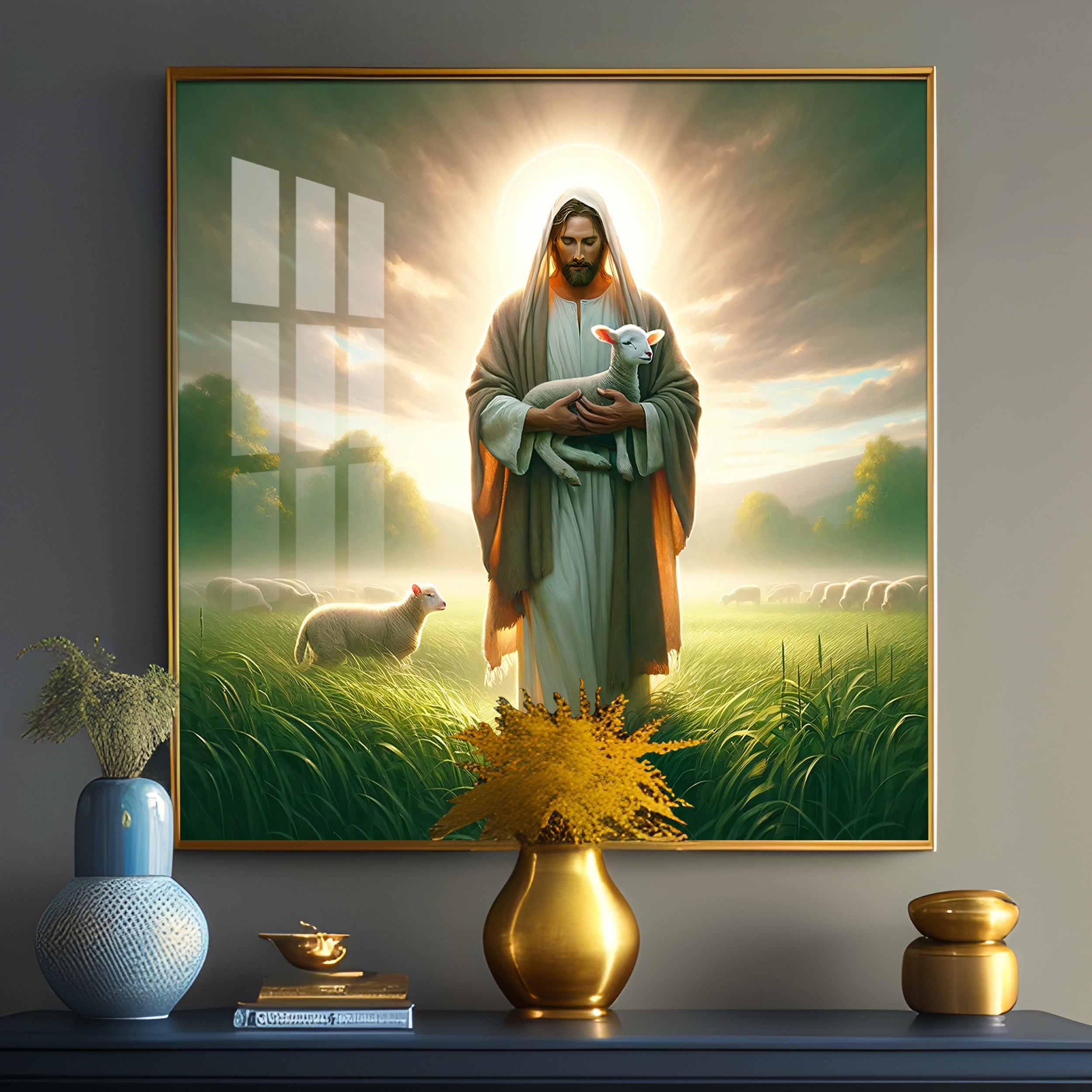 Jesus And His Sheep Premium Acrylic Square Wall Art