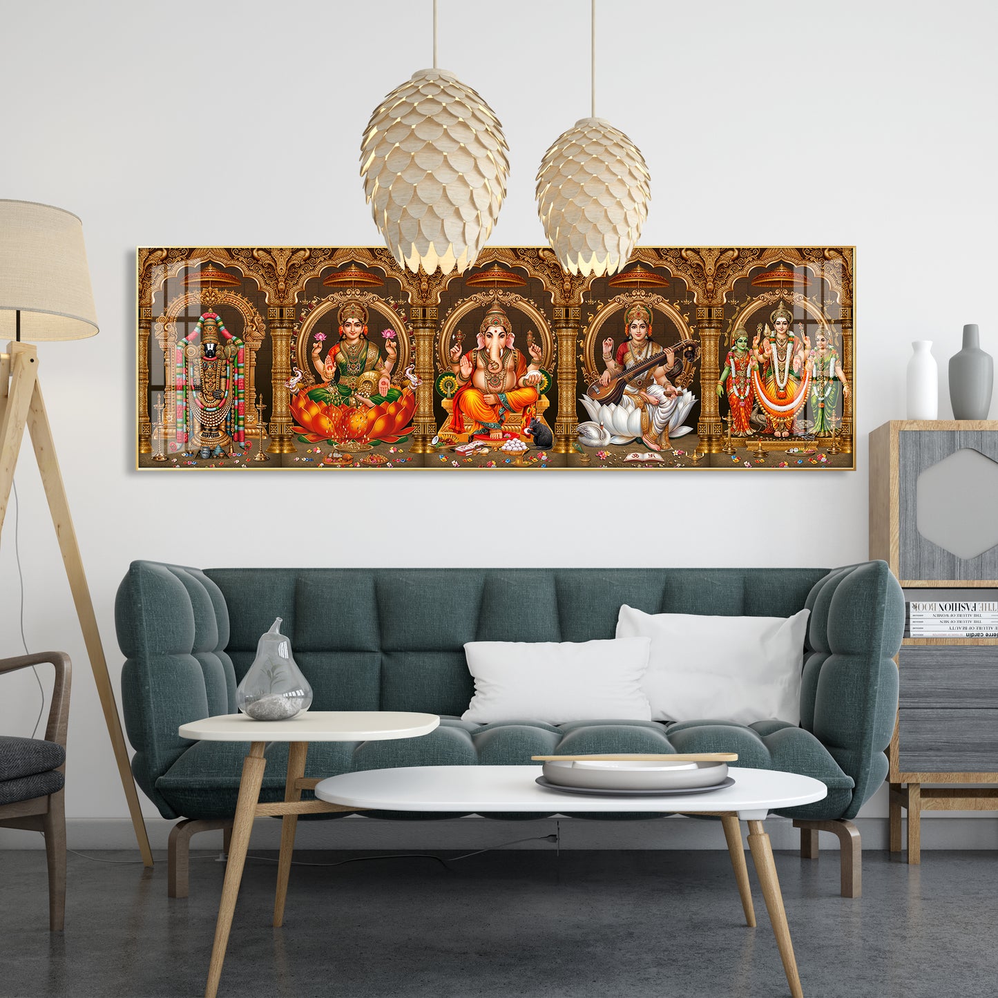 Divine Perumal, Lakshmi, Ganesha, Saraswati & Murugan Premium Acrylic Horizontal Wall Art