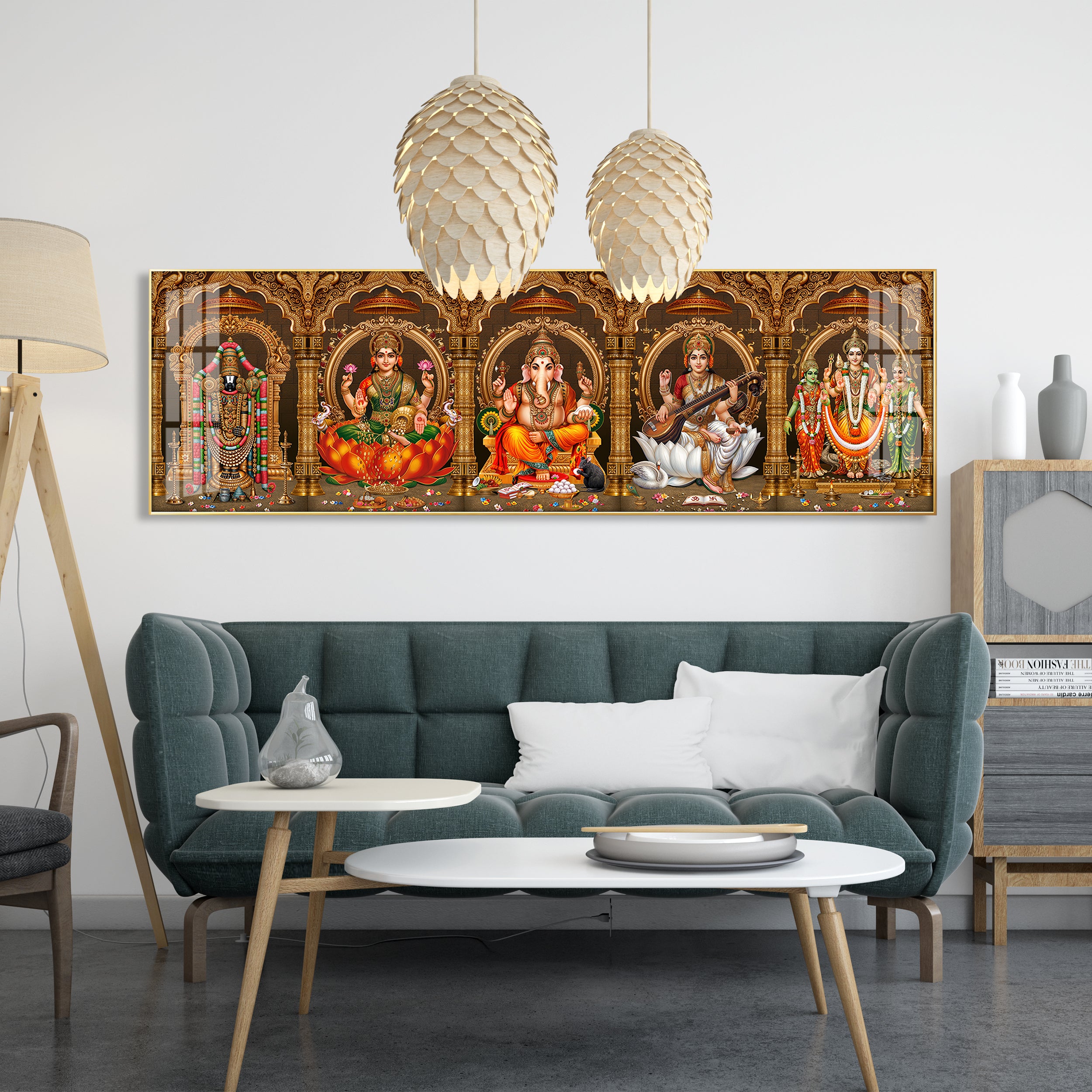 Divine Perumal, Lakshmi, Ganesha, Saraswati & Murugan Premium Acrylic Horizontal Wall Art