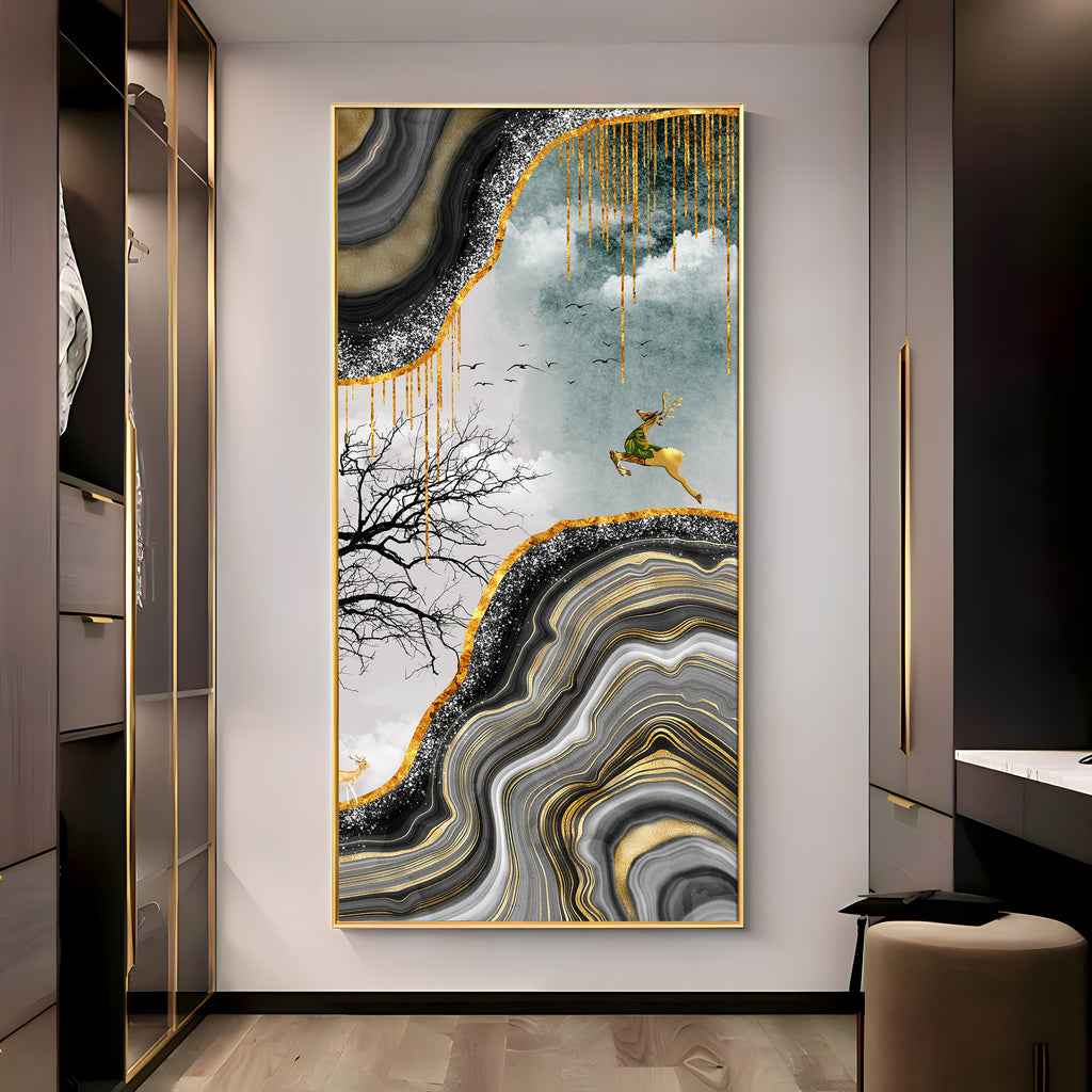 Abstract Golden Art Of Deer Premium Acrylic Vertical Wall Art