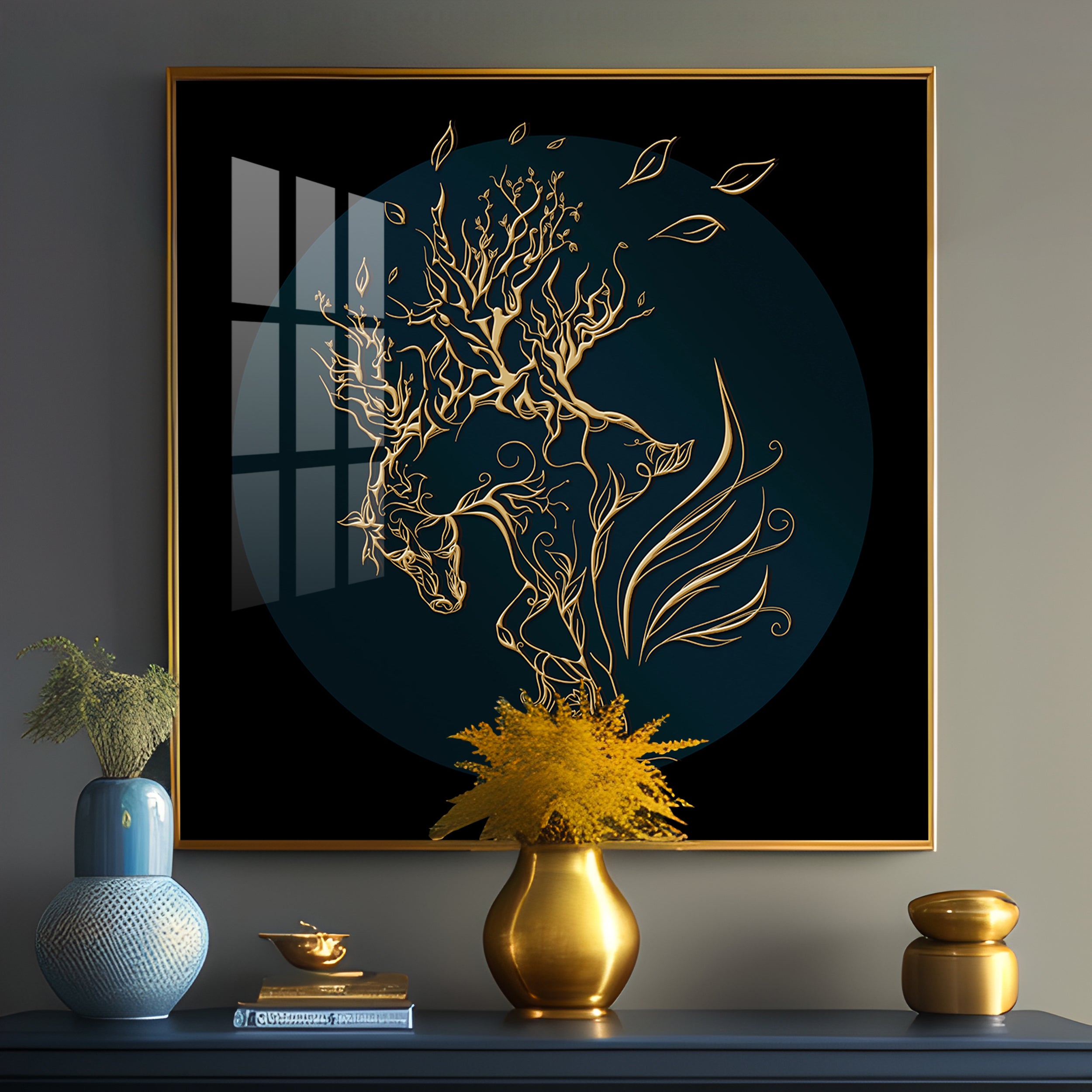 Golden Horse Lines Abstract Premium Acrylic Square Wall Art