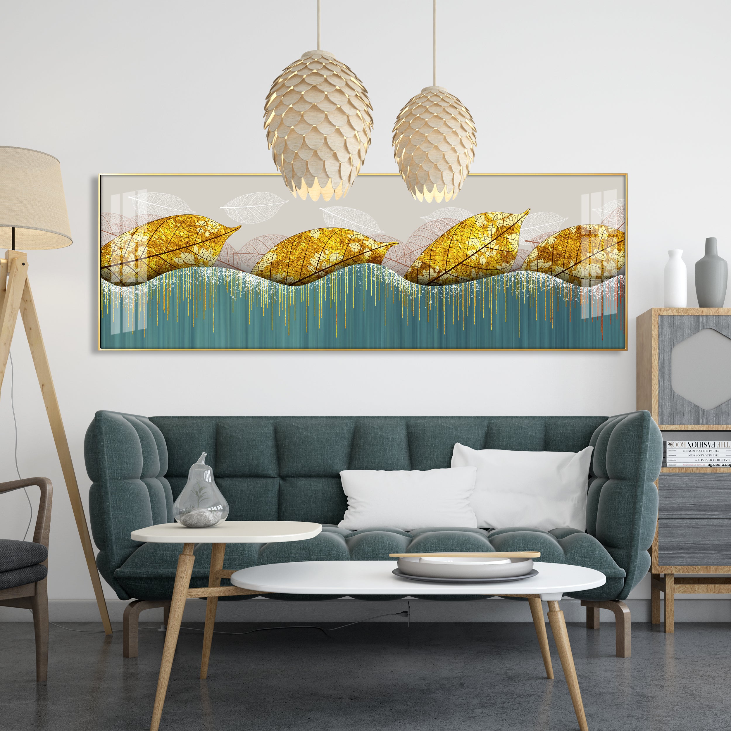 Lush Golden Leaves Luxury Crystal Horizontal Wall Art