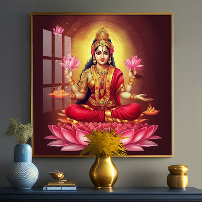 Laxmi Maa With Lotus Premium Acrylic Square Wall Art