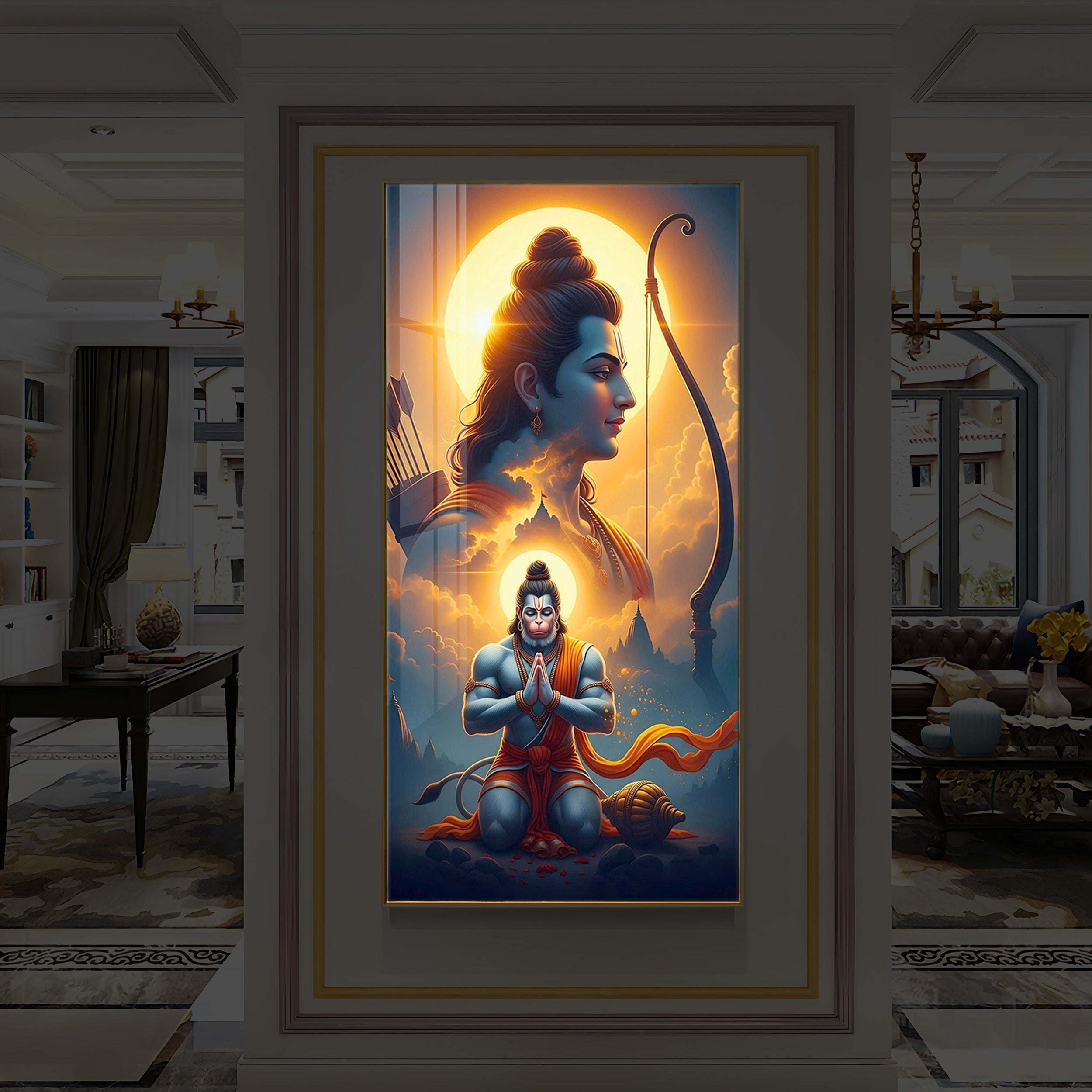 Ram and Hanuman Ji Modern Luxury Backlight Vertical Wall Art