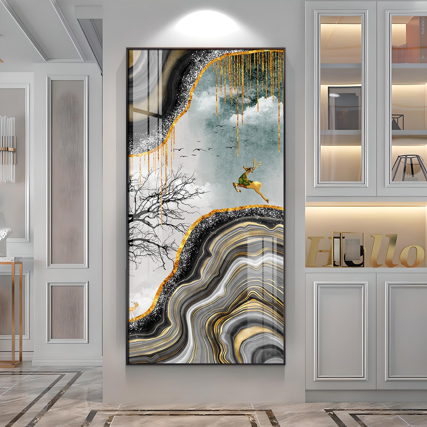 Abstract Golden Deer Luxury Crystal Wall Art