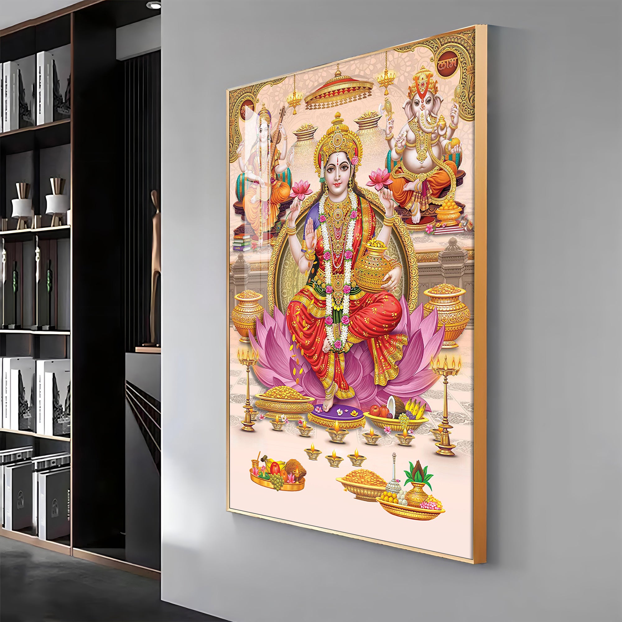 Goddess Maha Laxmi Ji On Kamala Premium Acrylic Vertical Wall Art