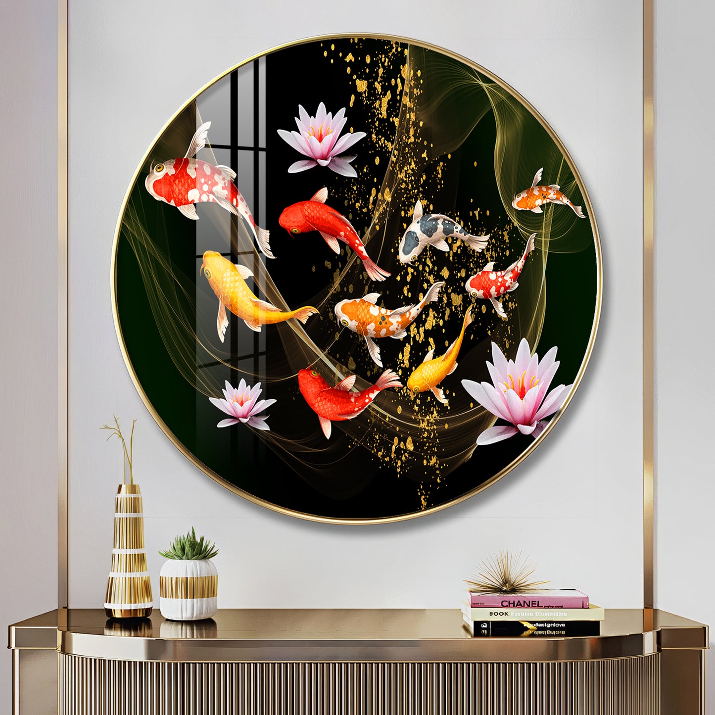 Colorful Koi In Motion Premium Acrylic Round Wall Art