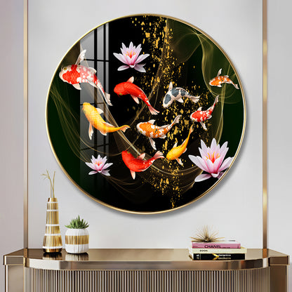 Colorful Koi In Motion Premium Acrylic Round Wall Art