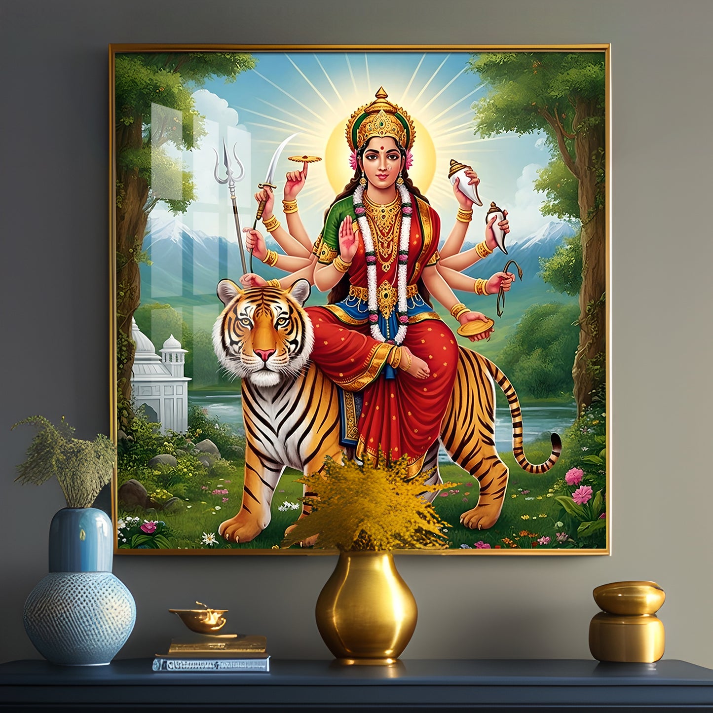 Hindu Goddess With Tiger Premium Acrylic Square Wall Art