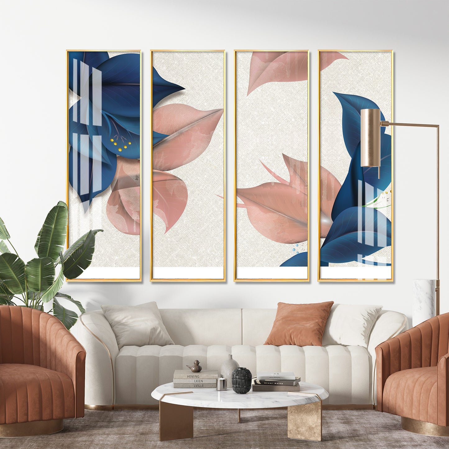 Blue & Peach Flowers Premium Acrylic Vertical Wall Art (set of 4)