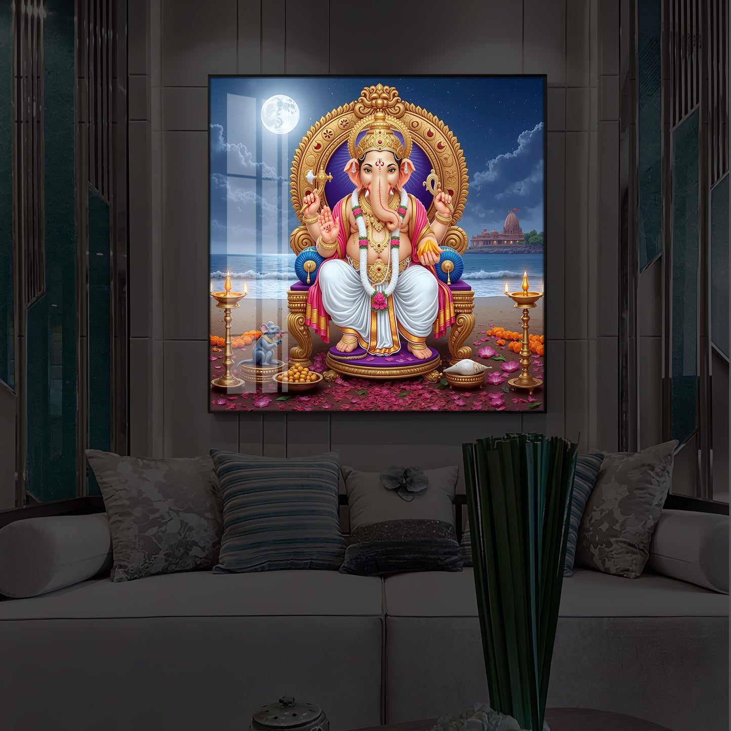 Shree Ganesh Ji Modern Luxury Backlight Square Wall Art