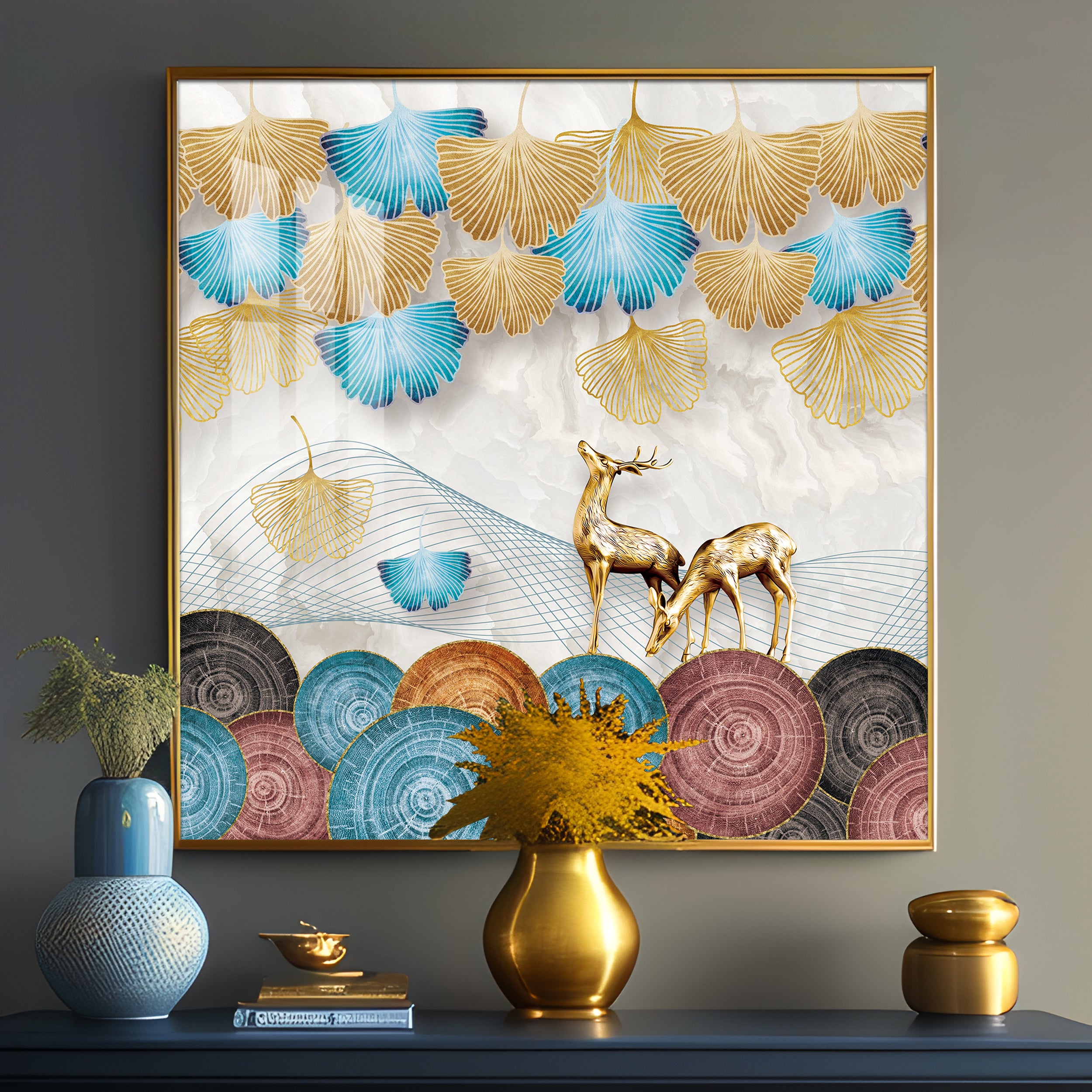 Golden Deer With Ginkgo Leaf Premium Acrylic Square Wall Art