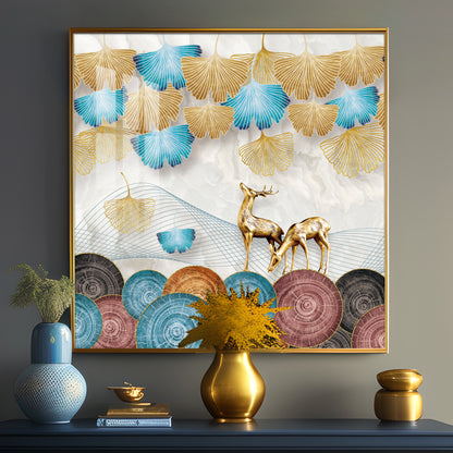 Golden Deer With Ginkgo Leaf Premium Acrylic Square Wall Art