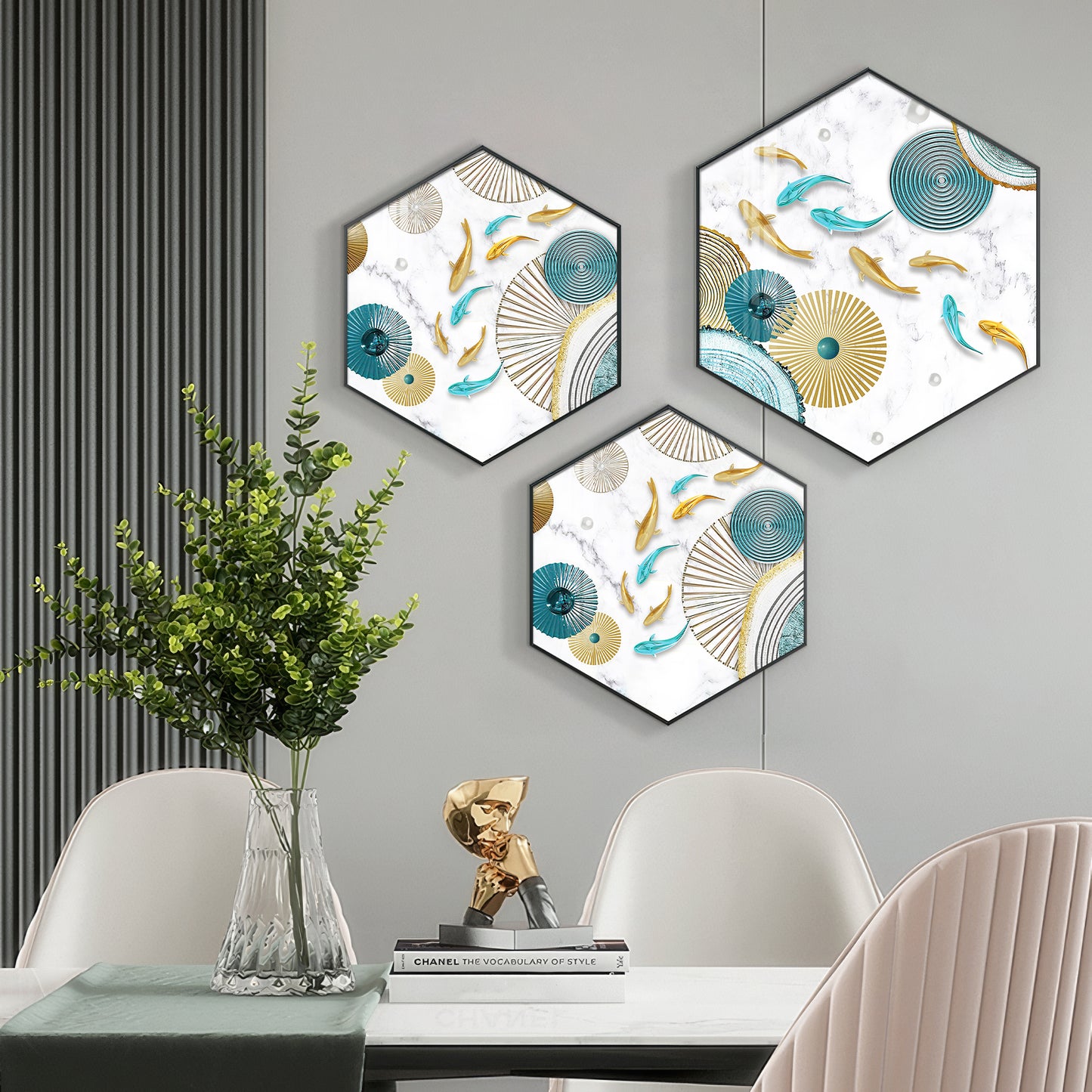 Koi Fish In Blue & Gold Premium Acrylic Hexagon Wall Art (Set of 3)