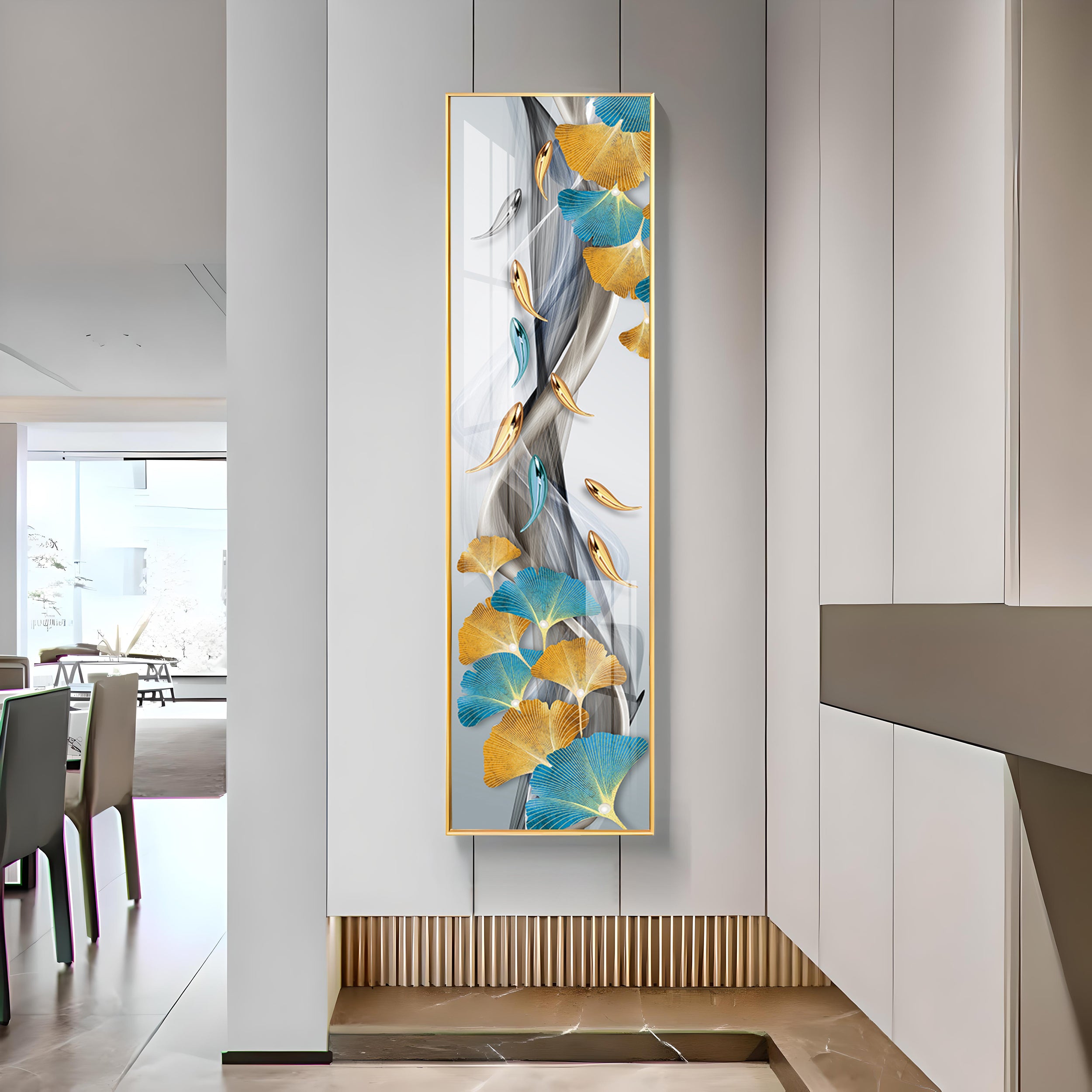 Blue & Golden Leaves With Fishes Premium Acrylic Vertical Wall Art
