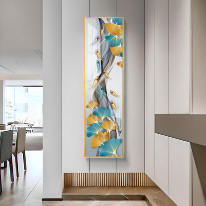 Blue & Golden Leaves With Fishes Premium Acrylic Vertical Wall Art