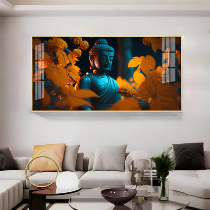 Buddha With Golden Autumn Fall Premium Acrylic Horizontal Wall Art