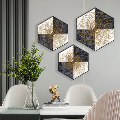 Spiral In Golden Premium Acrylic Hexagon Wall Art (Set of 3)