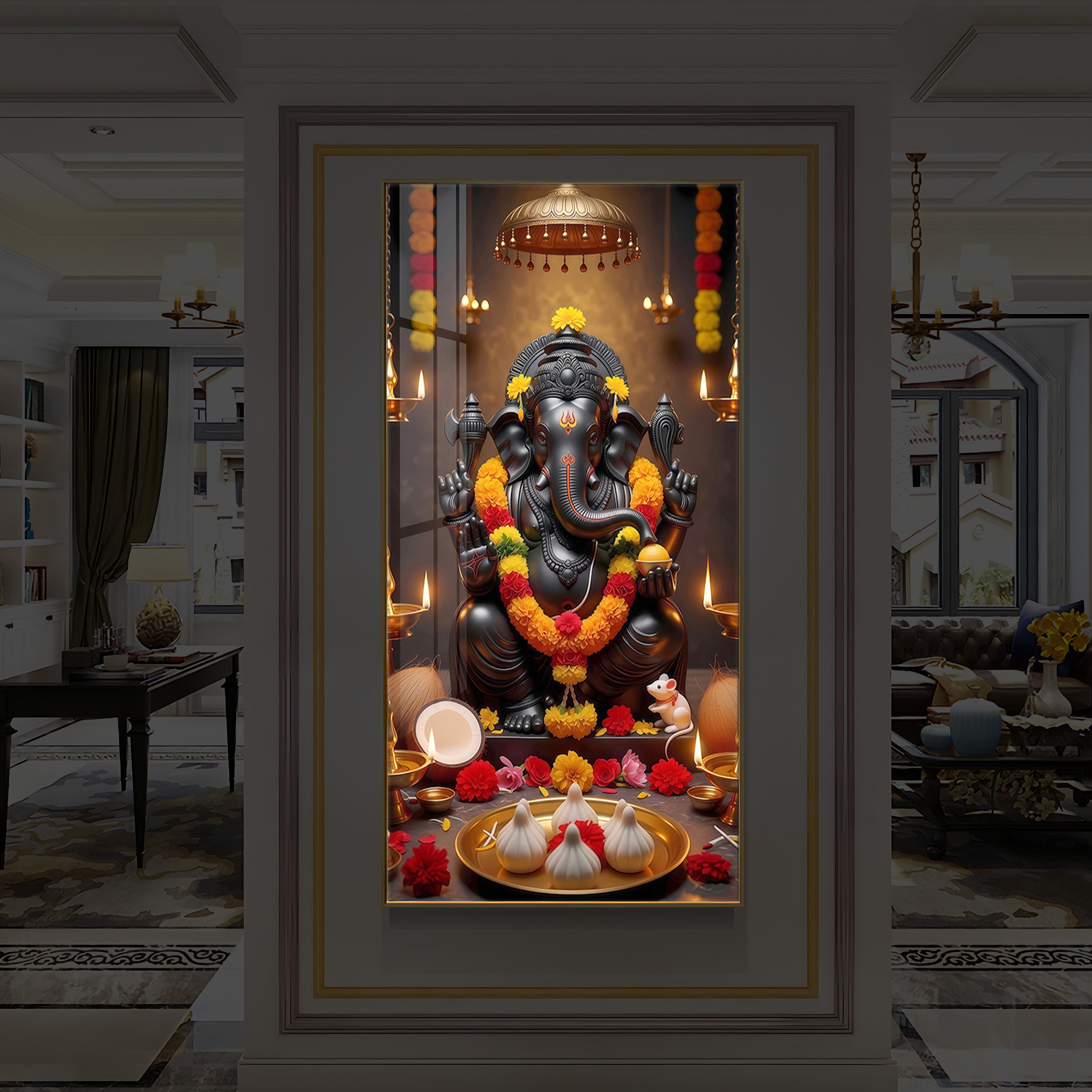 Shri Ganesh Ji Modern Luxury Backlight Vertical Wall Art