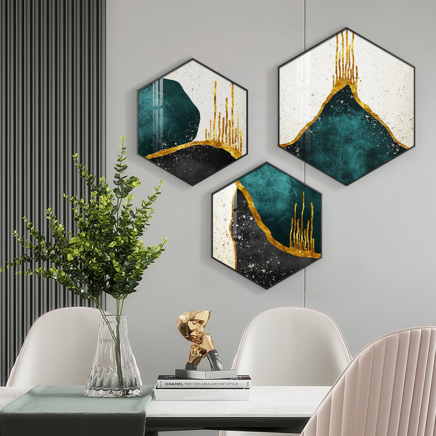 3D Metallic Abstract Premium Acrylic Hexagon Wall Art (Set of 3)