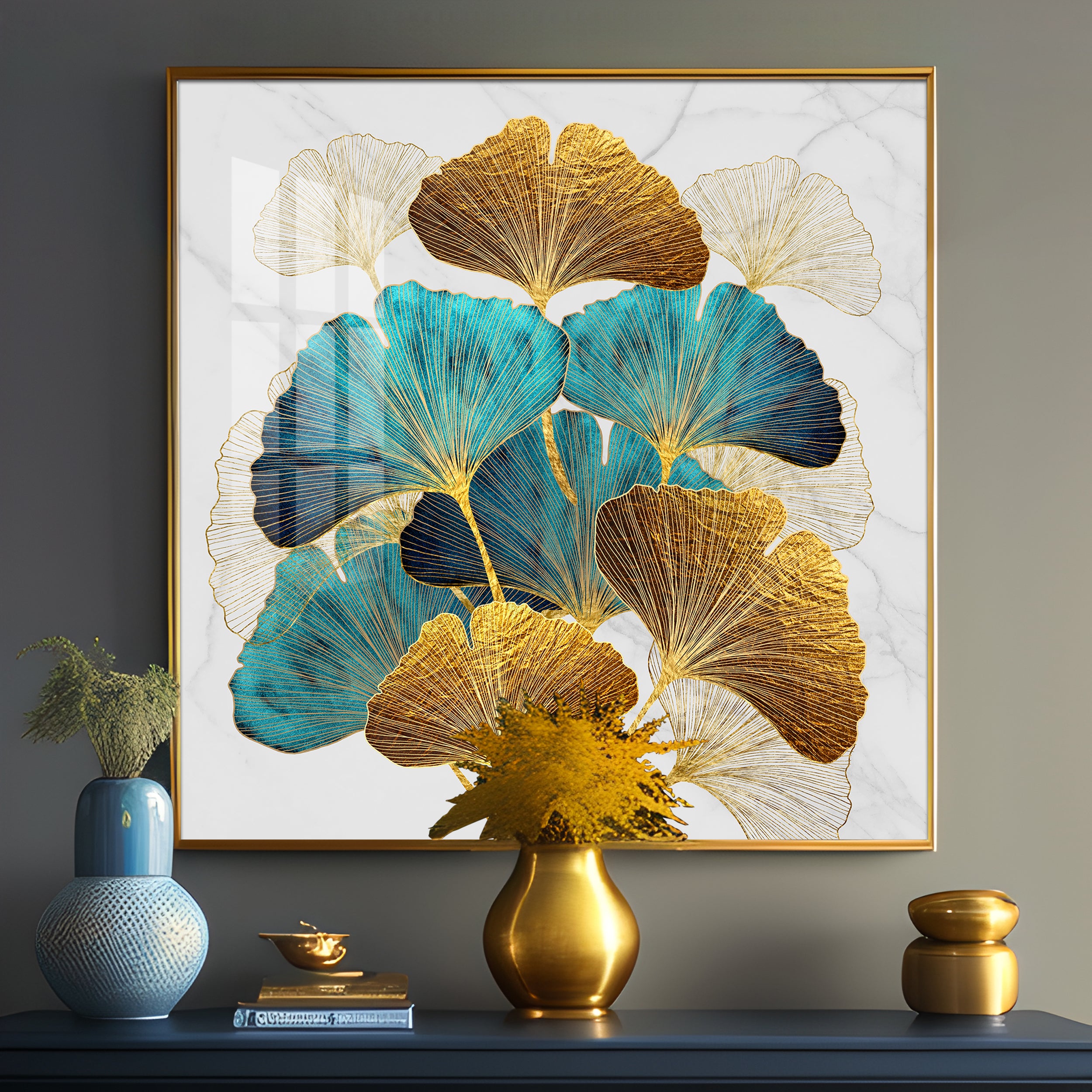 Golden Blue Ginkgo Leaf Premium Acrylic Square Wall Art