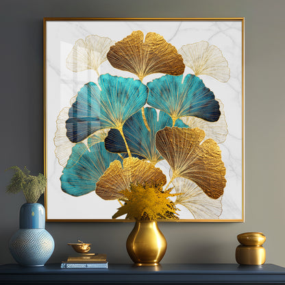 Golden Blue Ginkgo Leaf Premium Acrylic Square Wall Art