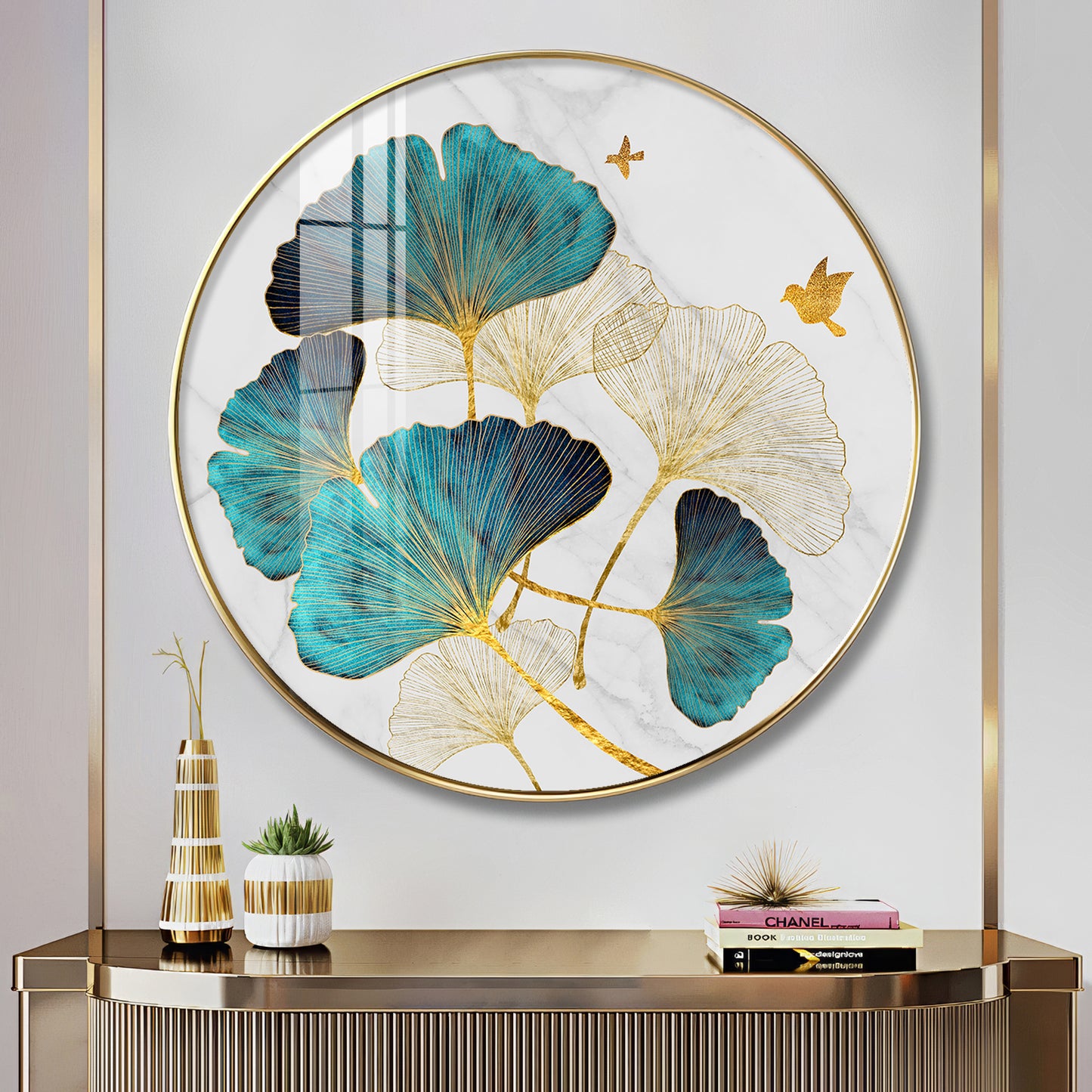 Blue Leaf Premium Acrylic Round Wall Art
