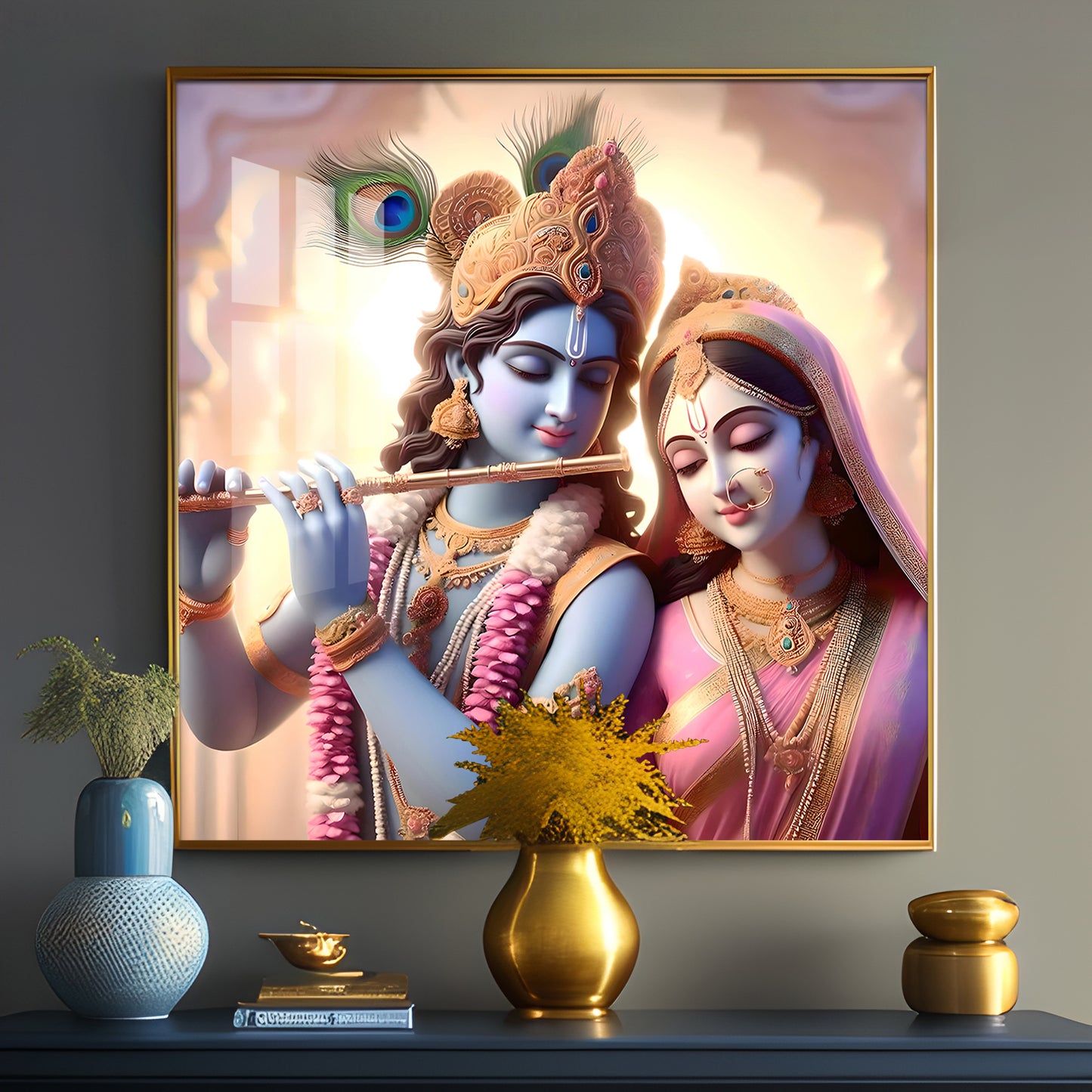 Krishna Playing Flute For Radha Premium Acrylic Square Wall Art