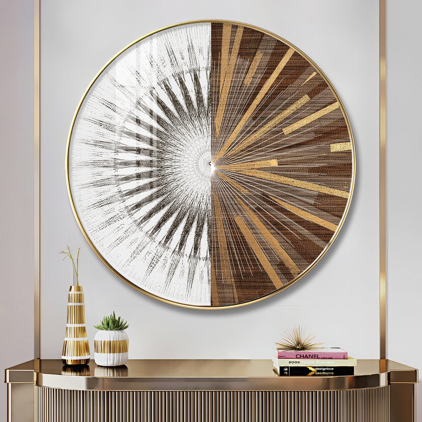 Gold & White Abstract Premium Acrylic Round Wall Art
