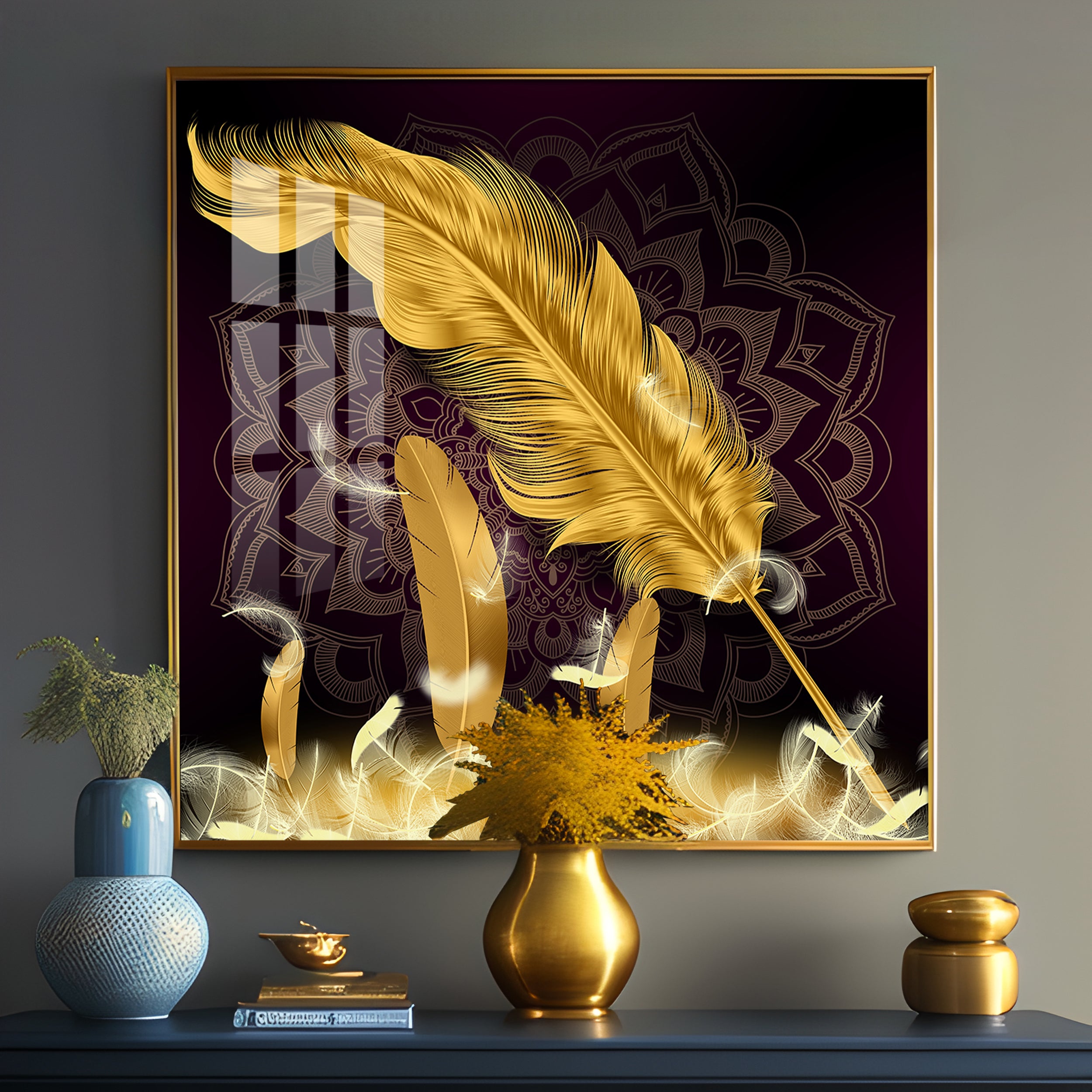 Golden Feather Light Luxury Premium Acrylic Square Wall Art