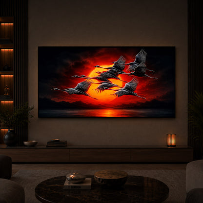 Flying Cranes At Sunset Modern Luxury Backlight Horizontal Wall Art